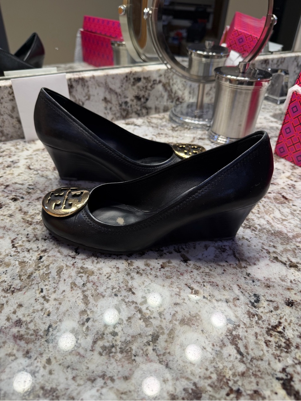 Tory Burch Black Leather Wedge Pumps with Gold Logo Medallion